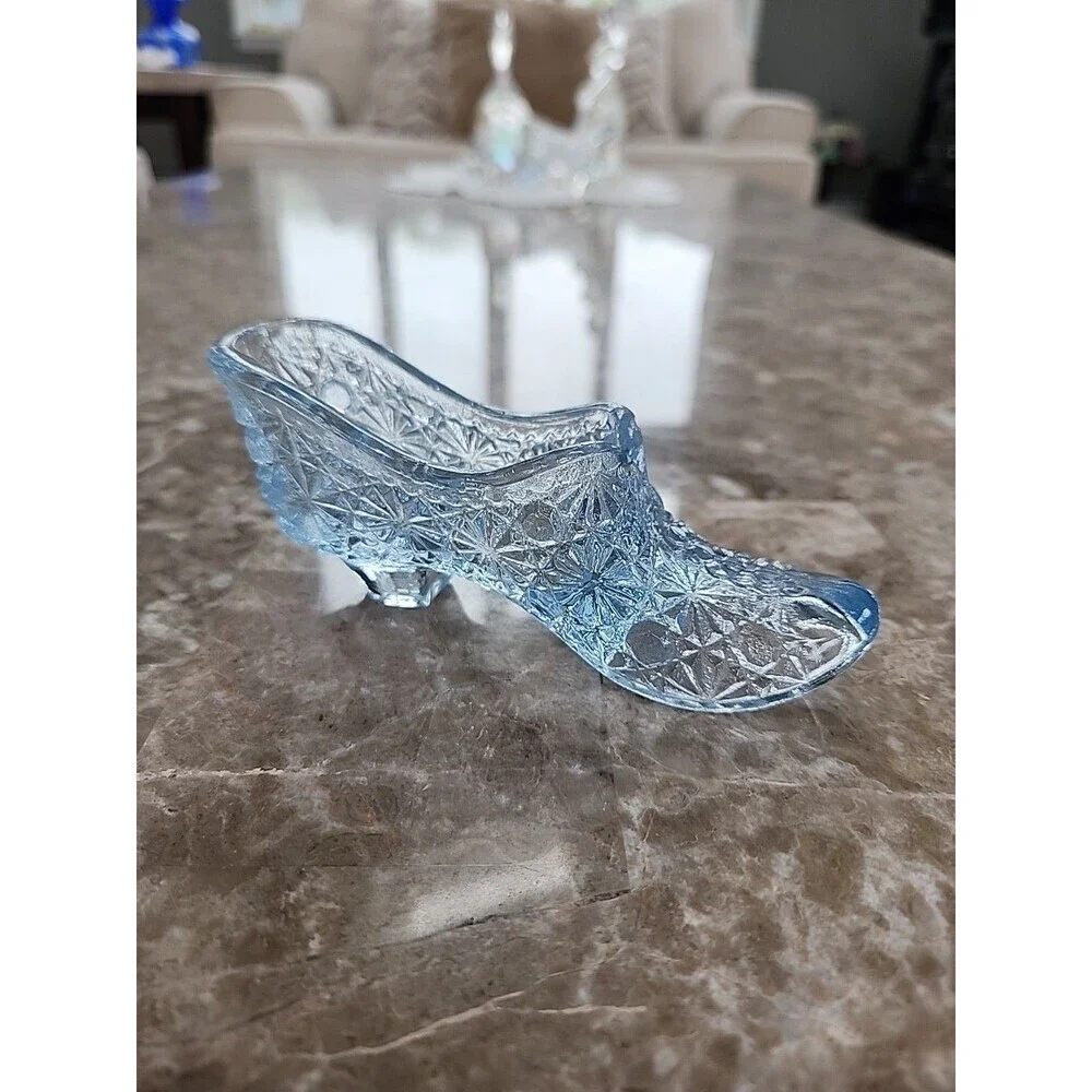 Vintage Light Blue Daisy & Button Glass Slipper